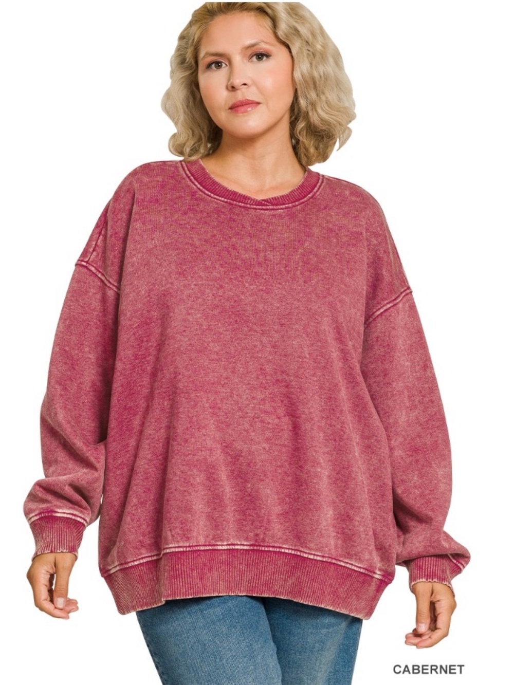 262 FREE SHIPPING Zenana 1X - 3X Cabernet ACID WASH OVERSIZED
FLEECE PULLOVER - Picture 2 of 2